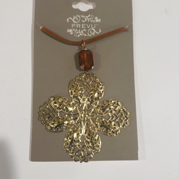 Brown Cord Gold color Floral Shape Beaded Pendant Necklace - Women's Jewelry - Picture 3 of 7